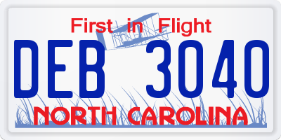 NC license plate DEB3040
