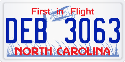 NC license plate DEB3063