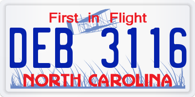 NC license plate DEB3116