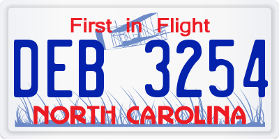 NC license plate DEB3254