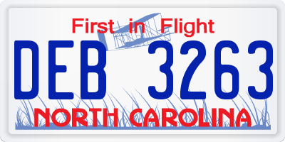 NC license plate DEB3263