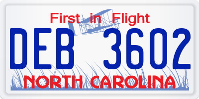 NC license plate DEB3602