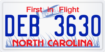 NC license plate DEB3630