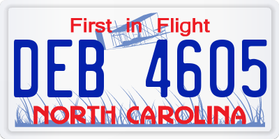 NC license plate DEB4605