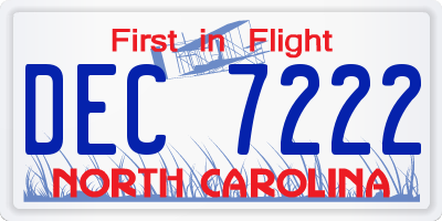 NC license plate DEC7222