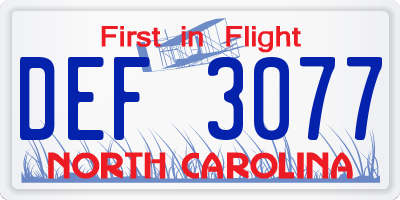 NC license plate DEF3077
