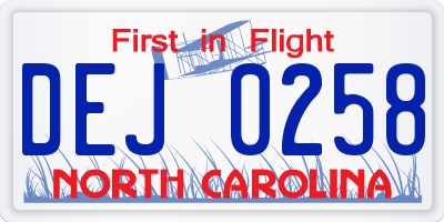 NC license plate DEJ0258