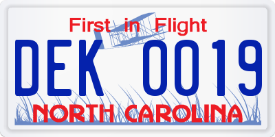 NC license plate DEK0019