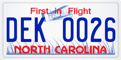 NC license plate DEK0026