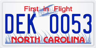 NC license plate DEK0053