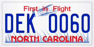 NC license plate DEK0060