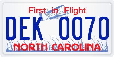 NC license plate DEK0070