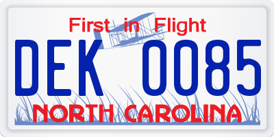 NC license plate DEK0085