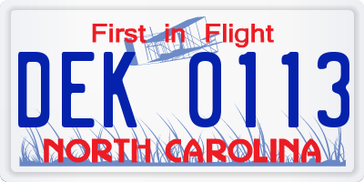 NC license plate DEK0113