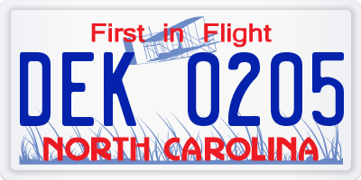 NC license plate DEK0205