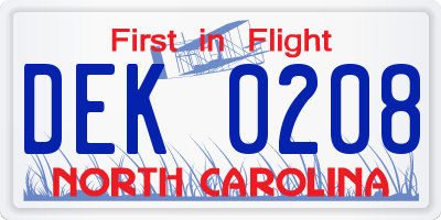 NC license plate DEK0208