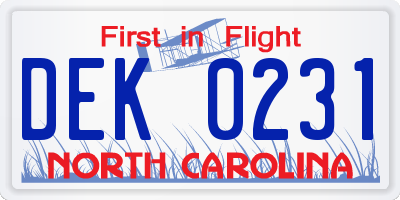 NC license plate DEK0231