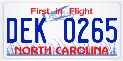 NC license plate DEK0265