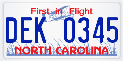NC license plate DEK0345