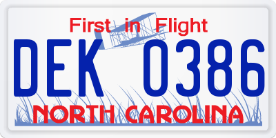 NC license plate DEK0386