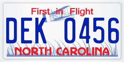 NC license plate DEK0456