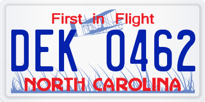 NC license plate DEK0462