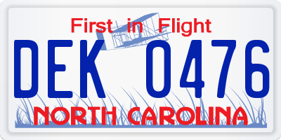 NC license plate DEK0476