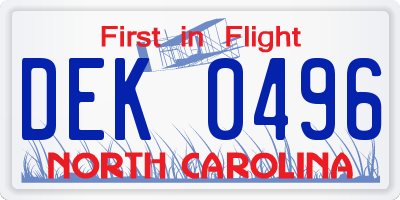 NC license plate DEK0496