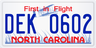 NC license plate DEK0602