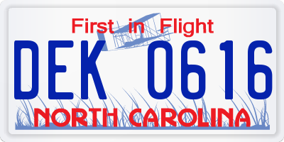 NC license plate DEK0616