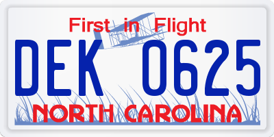 NC license plate DEK0625