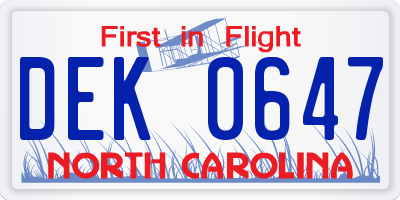 NC license plate DEK0647
