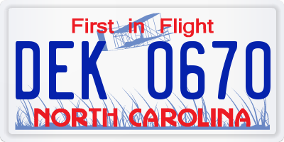 NC license plate DEK0670