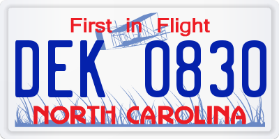 NC license plate DEK0830