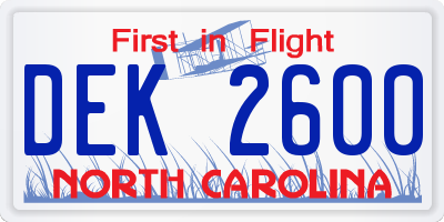 NC license plate DEK2600