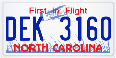 NC license plate DEK3160