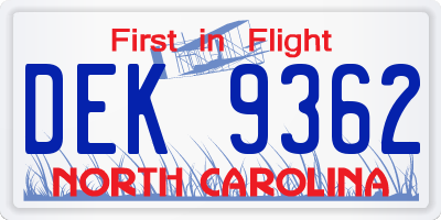 NC license plate DEK9362