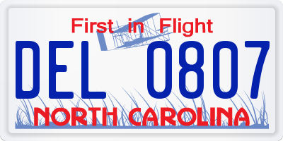 NC license plate DEL0807