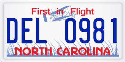 NC license plate DEL0981