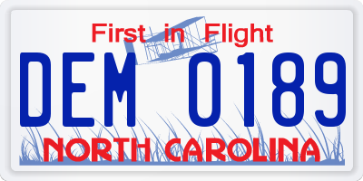 NC license plate DEM0189