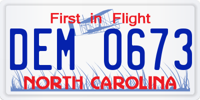 NC license plate DEM0673