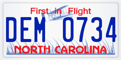 NC license plate DEM0734