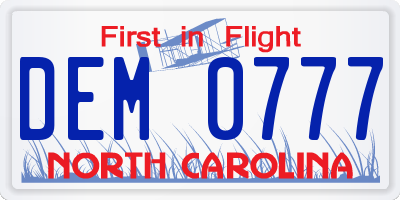 NC license plate DEM0777