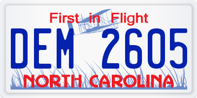 NC license plate DEM2605