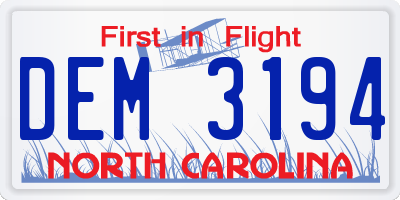 NC license plate DEM3194