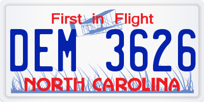 NC license plate DEM3626