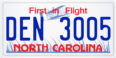 NC license plate DEN3005