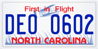 NC license plate DEO0602