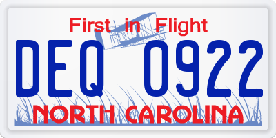 NC license plate DEQ0922