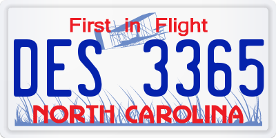 NC license plate DES3365